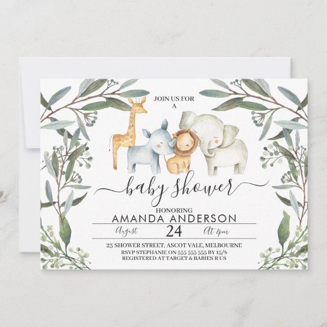 Animales Safari Foliage Invitación Baby Shower (Anverso)