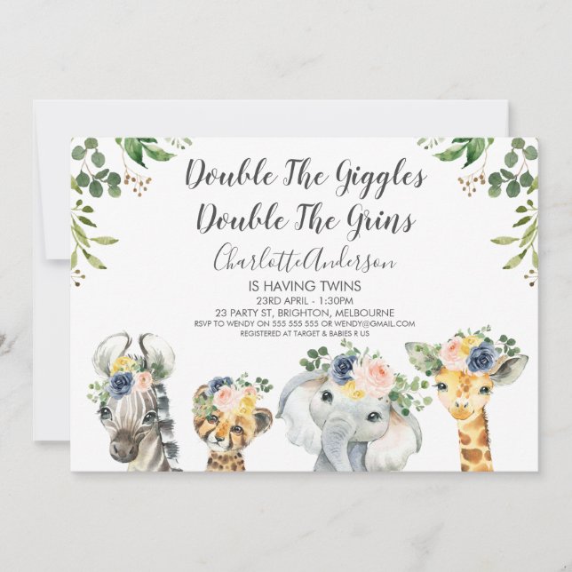 Animales Safari Gemelas Invitación a Baby Shower (Anverso)