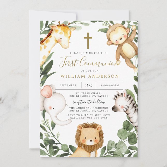 Animales Safari Invitación de la Primera Comunidad (Anverso)