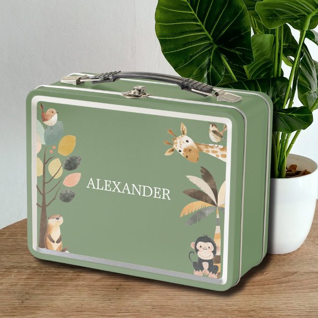 Animales Salvajes Adorables (cute animals giraffe safari green lunch box, customizable with name, back to school essentials)