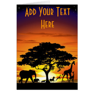 Animales salvajes en tarjeta de la puesta del sol