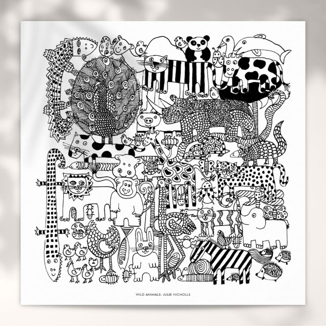 Animales salvajes Impresión de dibujos en blanco y (Wild Animals Black and White Drawing Art Print)
