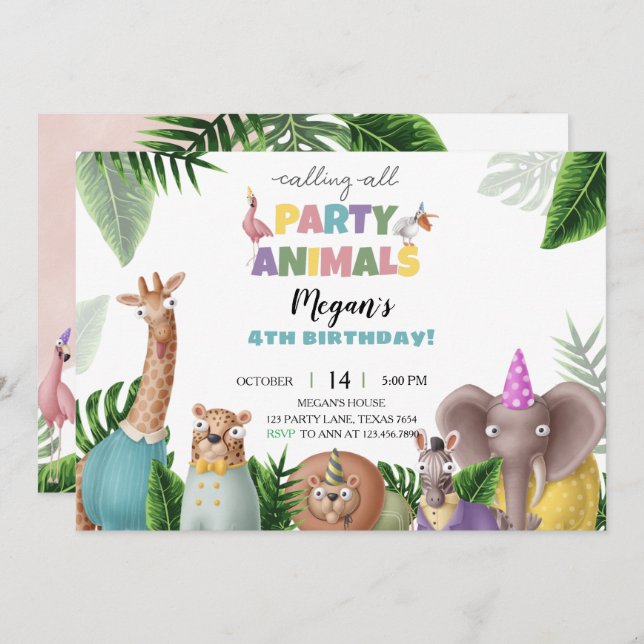 Animales tropicales Invitación de cumpleaños (Anverso / Reverso)