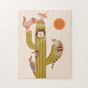 Animales viviendo en un rompecabezas de cactus niñ