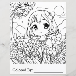 Anime Chica con flores | Página de coloreado