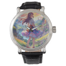 Anime Chica en el reloj redondo del paisaje