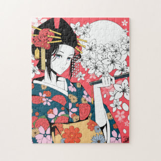 Anime Floral Geisha Pink White Jigsaw Puzzle