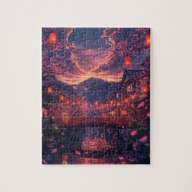 Anime Japanese Town at Sunset Puzzle – Cherry Blos (Vertical)