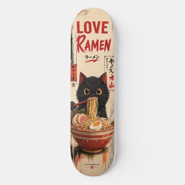 Anime Love Ramen Cat Skateboard Deck (Anverso)