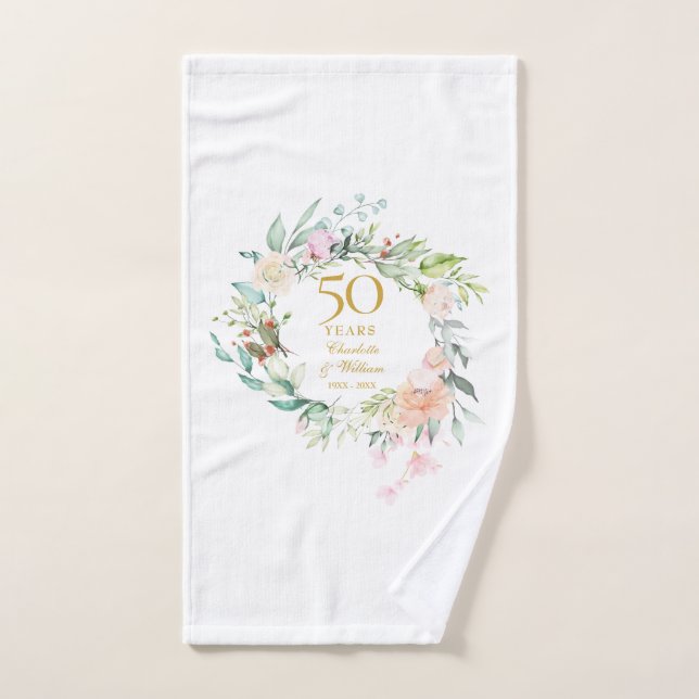 Aniversario de bodas de oro acuarela floral (Toalla de mano)