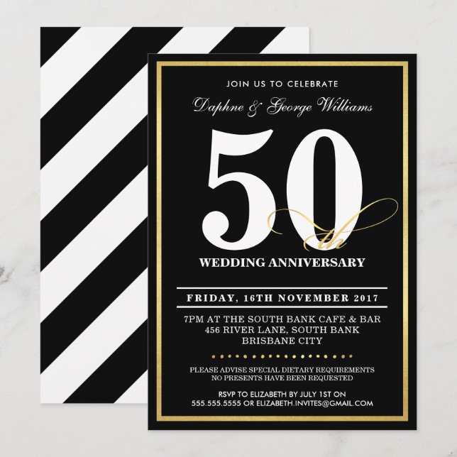 ANIVERSARIO DE BODAS Nº 50 INVITACIONES doradas co (Anverso / Reverso)