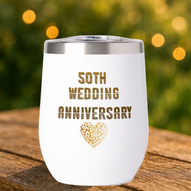 Aniversario de Bodas número 50 Tipografía Dorada C (50th Wedding Anniversary Golden Typography Heart Thermal Wine Tumbler)