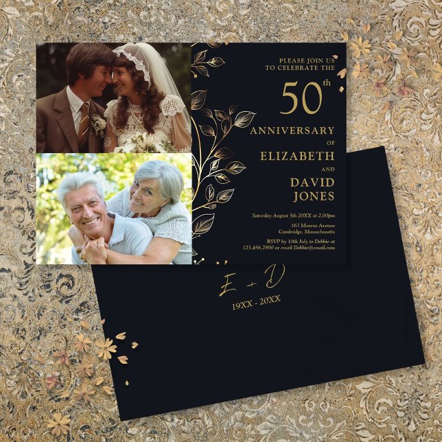 Aniversario del Boda Dorado 50 2 Invitación a la f (Golden 50th Wedding Anniversary 2 Photo Invitation)