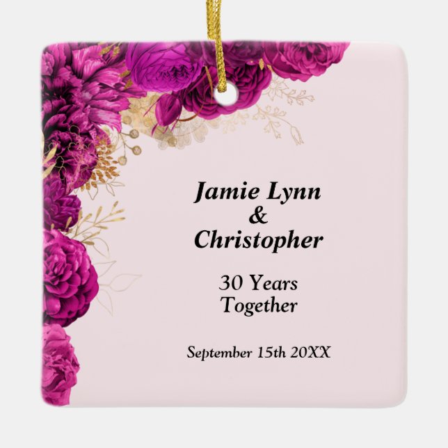 Aniversario del Boda floral rosa Ornamento cerámic (Anverso)