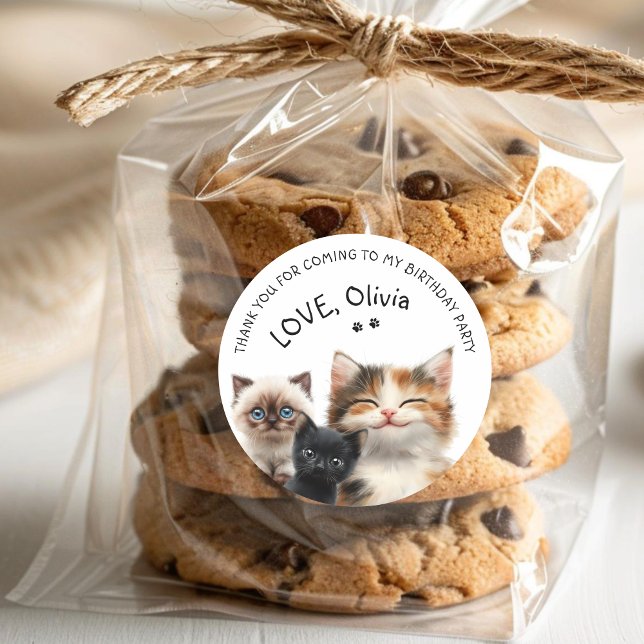 Aniversario del Gato del Cute Gracias Pegatina (Cute Cat Birthday Thank You Sticker)