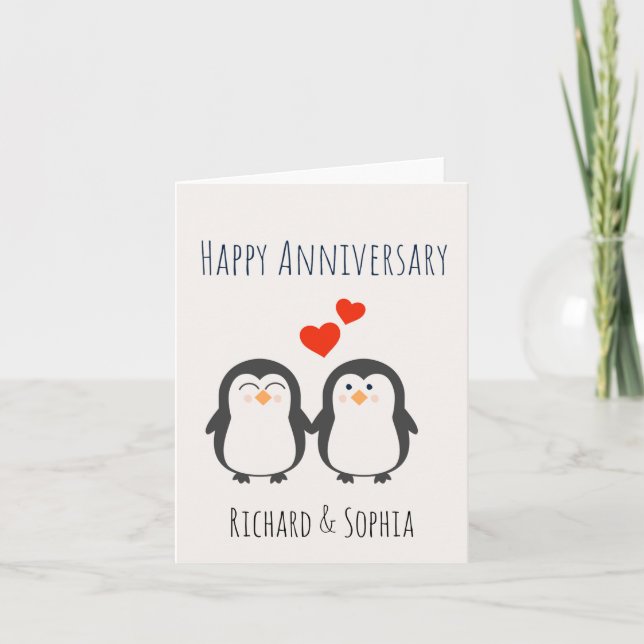 Aniversario feliz - Tarjeta de pareja pingüina (Anverso)