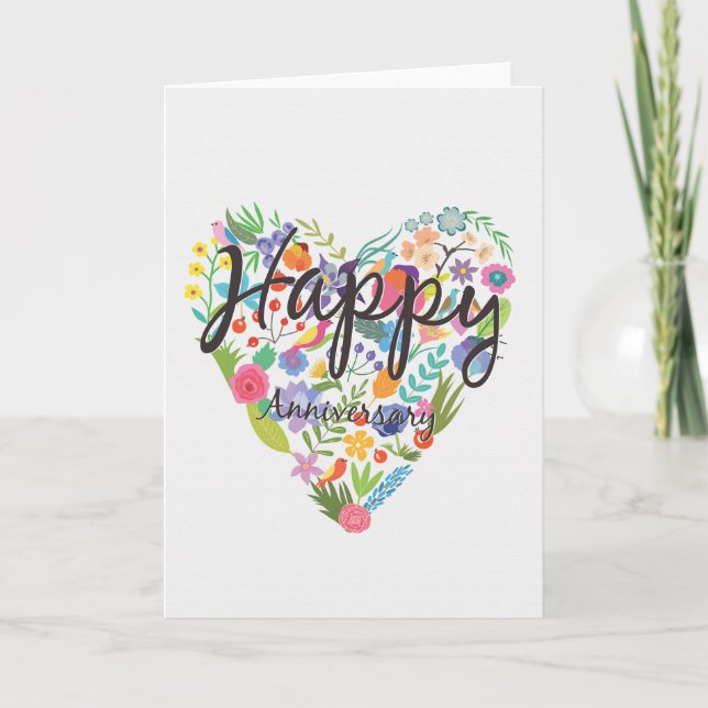 Aniversario Feliz Tarjeta Gran Corazón de Flores (Anverso)