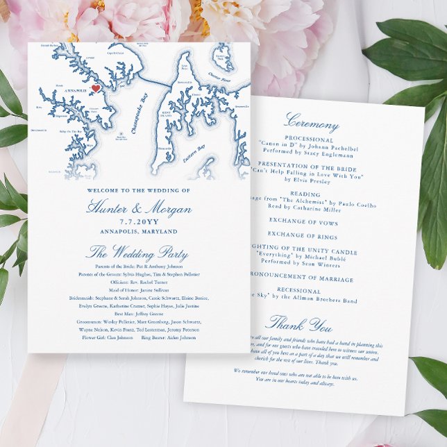 Annapolis Maryland Programa de Bodas Elegantes (Annapolis Maryland Wedding Program in elegant navy blue from Coastal Map Designs)