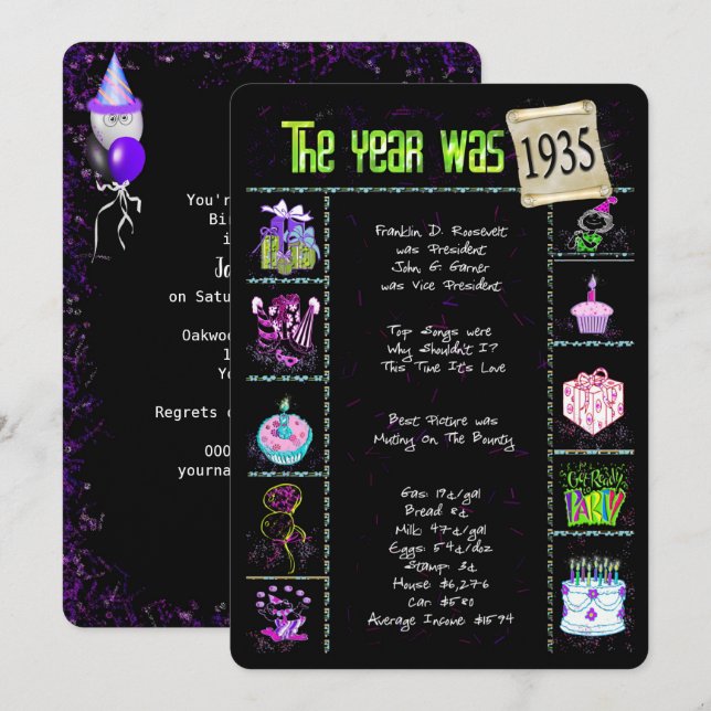 Año de cumpleaños 1935 Invitación (Anverso / Reverso)