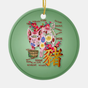 Año del cerdo en el ornamento de las flores