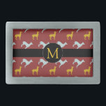 Año del perro Zodiac cumpleaños Monograma hebilla<br><div class="desc">Hebilla del cinturón de personalizable con patrón de perros azul y amarillo sobre fondo rojo oscuro etiqueta redonda negra para Monograma delante. Puede cambiar fácilmente el monograma y agregar texto (fuente, color, tamaño y posición) haciendo clic en el botón personalizar. Perfecto para el Año Nuevo chino del Perro o cumpleaños...</div>