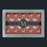 Año del perro Zodiac cumpleaños Monograma hebilla<br><div class="desc">Hebilla del cinturón de personalizable con patrón de perros azul y amarillo sobre fondo rojo oscuro etiqueta redonda negra para Monograma delante. Puede cambiar fácilmente el monograma y agregar texto (fuente, color, tamaño y posición) haciendo clic en el botón personalizar. Perfecto para el Año Nuevo chino del Perro o cumpleaños...</div>