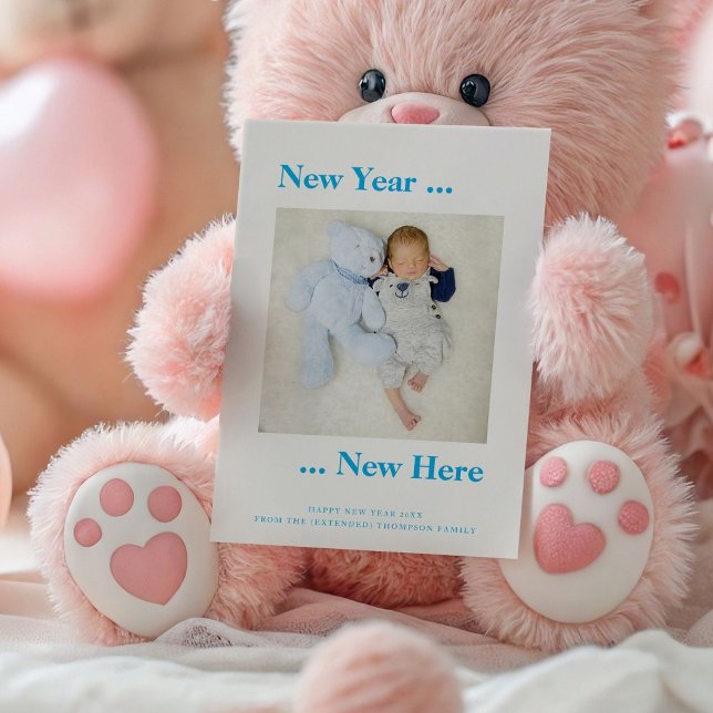 Año Nuevo Aquí Foto Niño Invitación Azul (front view)