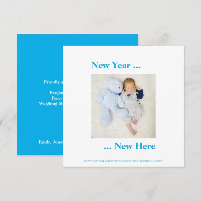 Año Nuevo Aquí Foto Niño Invitación Azul (Anverso / Reverso)