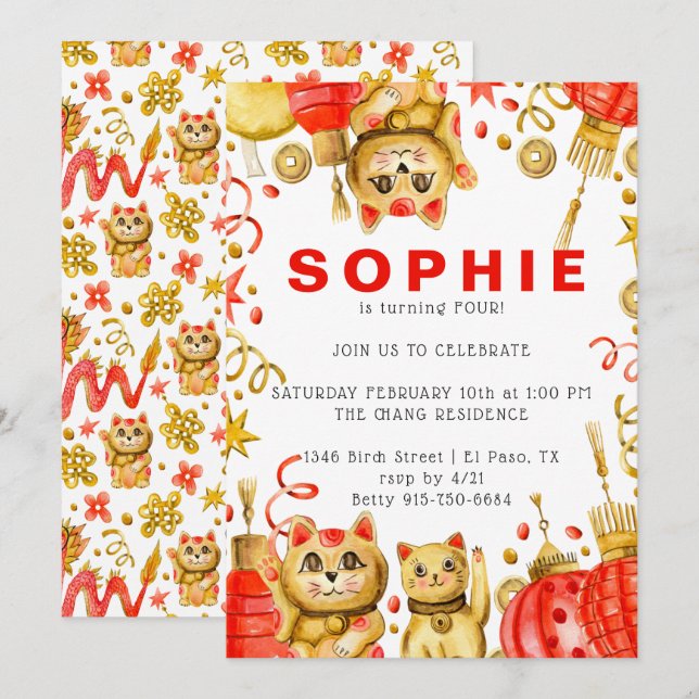 Año Nuevo Chino | Invitación a la fiesta de cumple (Anverso / Reverso)