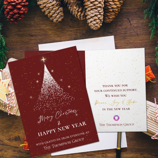 Año Nuevo Navidades de Árbol de Purpurinas Red Gol (Corporate Red Gold Glitter Tree Christmas New Year Holiday  Note Card)