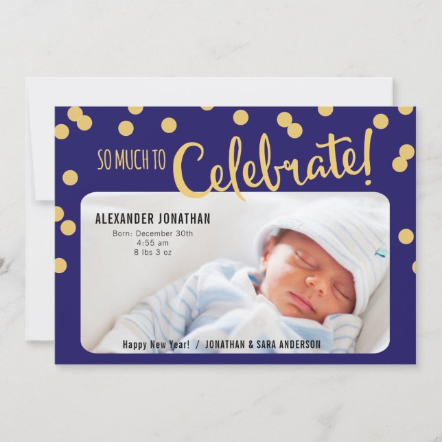 Año Nuevo saludo a bebé niño anuncio de nacimiento (Anverso)