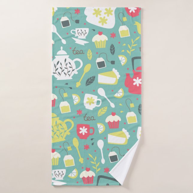 Antecedentes con teteras, tazas, limón, flores a (Toalla de baño)