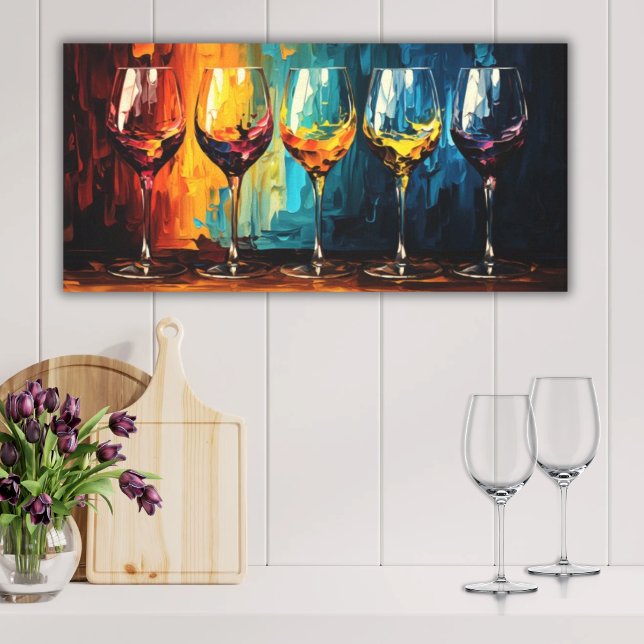 Anteojos de vino coloridos Arte horizontal (Canvas Print Oil Painting Style Rich Colorful Moody Wine Glasses in a Row Bar Kitchen Art)