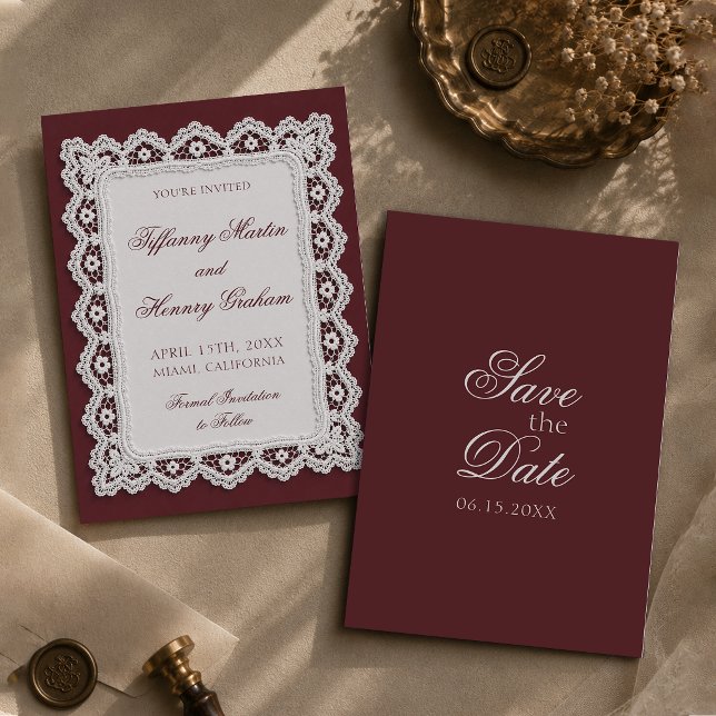 Antigua Invitación de Boda de Encaje Burgundy Save (Subido por el creador)
