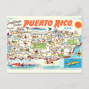 Antigua postal con mapa ilustrado de Puerto Rico