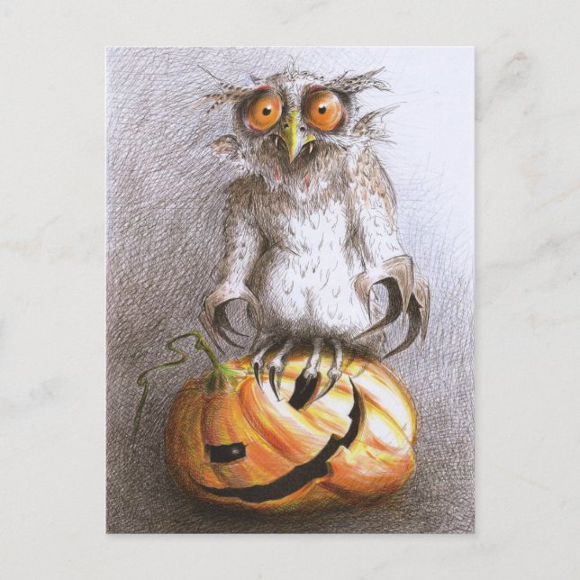 Antigua postal de arte de búho dracula de Hallowee (Anverso)