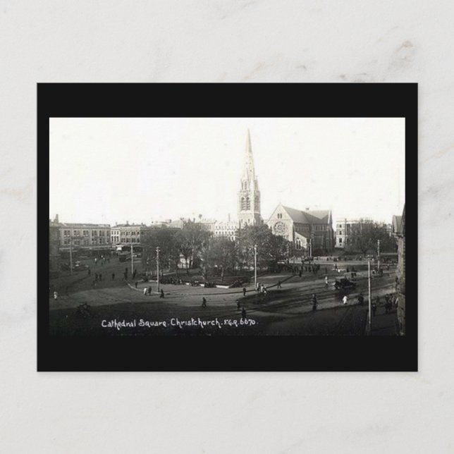 Antigua postal - Plaza Catedral, Christchurch. ¡NU (Anverso)