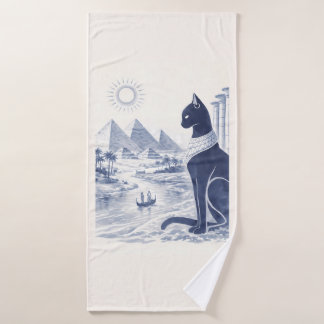 Antiguo gato egipcio Bastet y pirámides azul