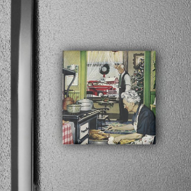 Antiguo imán de vacaciones de cocina casera vintag (Holiday turkey dinner in vintage Grandma Kitchen on Christmas or Thanksgiving magnet.)