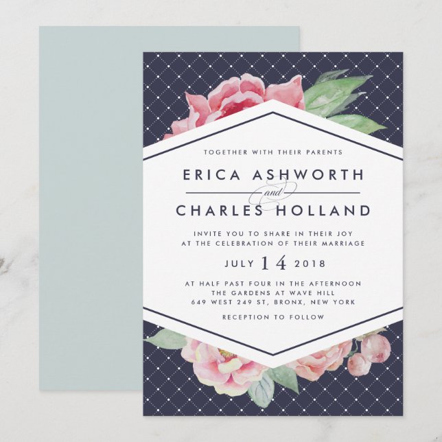 Antiguo Peony | Invitación a la boda de Rubor y la (Anverso / Reverso)