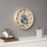 Antiguo reloj de pared numérico romano de conejo b<br><div class="desc">Vintage ilustracion de Conejo Blanco de la Alicia original en el País de las Maravillas con la cara de reloj numérico romano y un fondo de papel antiguo teñido</div>