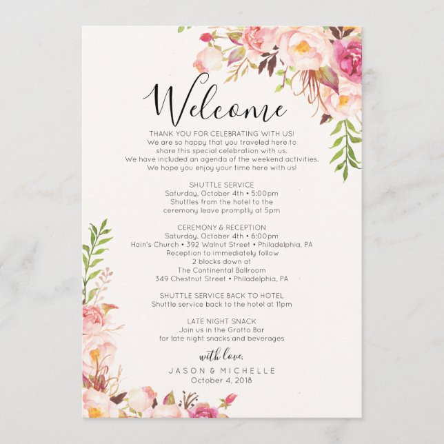 Antiguo Rosa Boda Itinerario - Programa de invitad (Anverso)