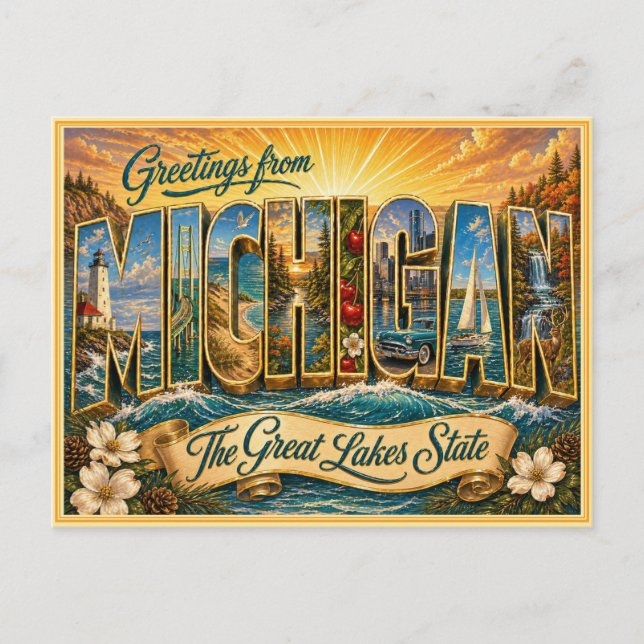 Antiguo saludo de Michigan de postal (Anverso)