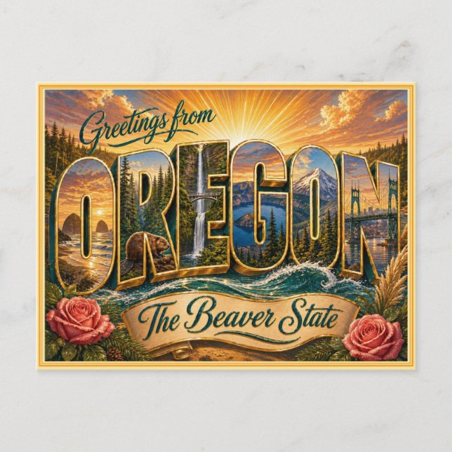 Antiguo Saludo de Oregon de Tarjeta Postal (Anverso)