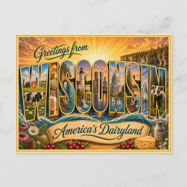 Antiguo saludo de Wisconsin de postal (Anverso)