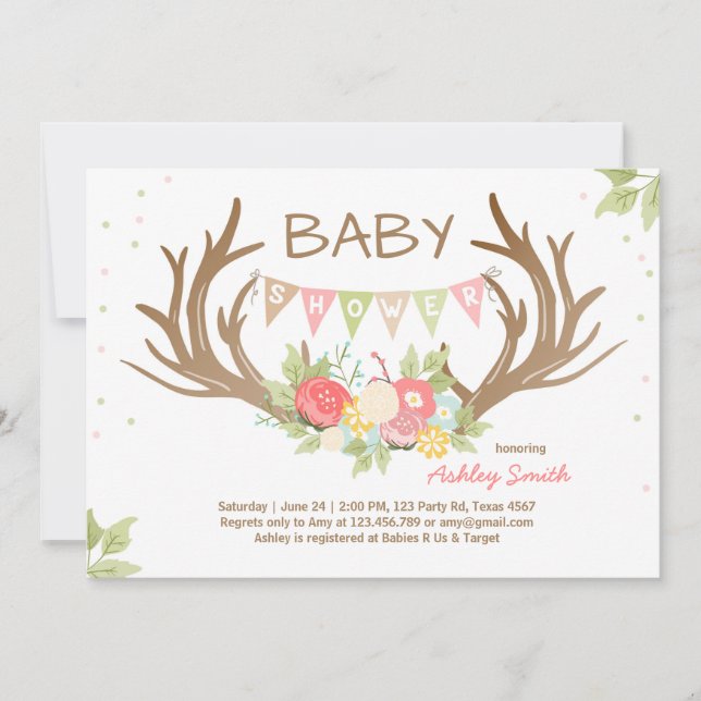 Antler Baby Shower Invitación Deer Woodland Floral (Anverso)