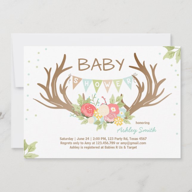 Antler Baby Shower Invitación Deer Woodland Floral (Anverso)