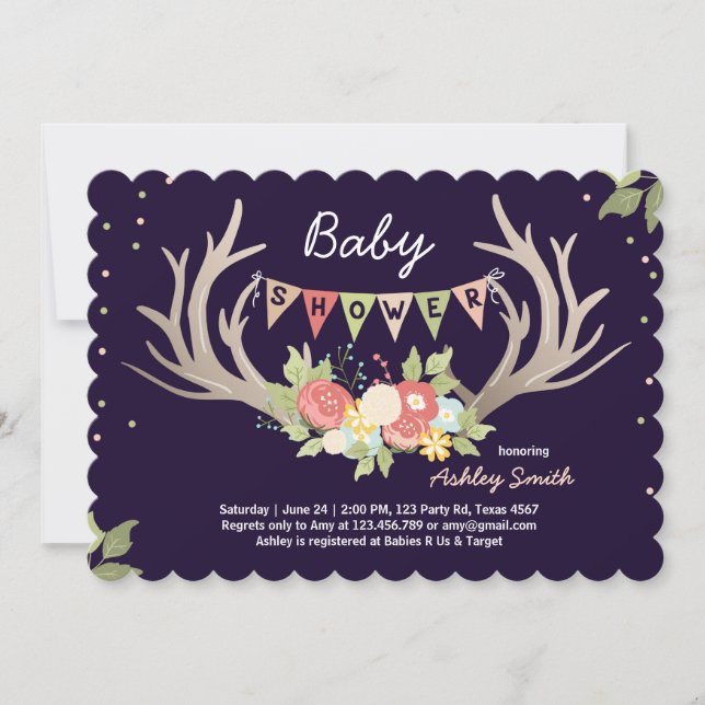 Antler Baby Shower Invitación Deer Woodland Floral (Anverso)