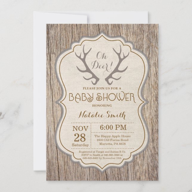 Antler Rústico Oh Venado Invitación Baby Shower (Anverso)