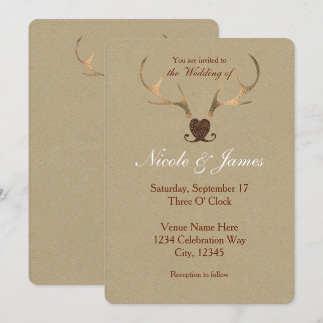 Antleras de oro y invitaciones de boda de papel ma (Anverso / Reverso)